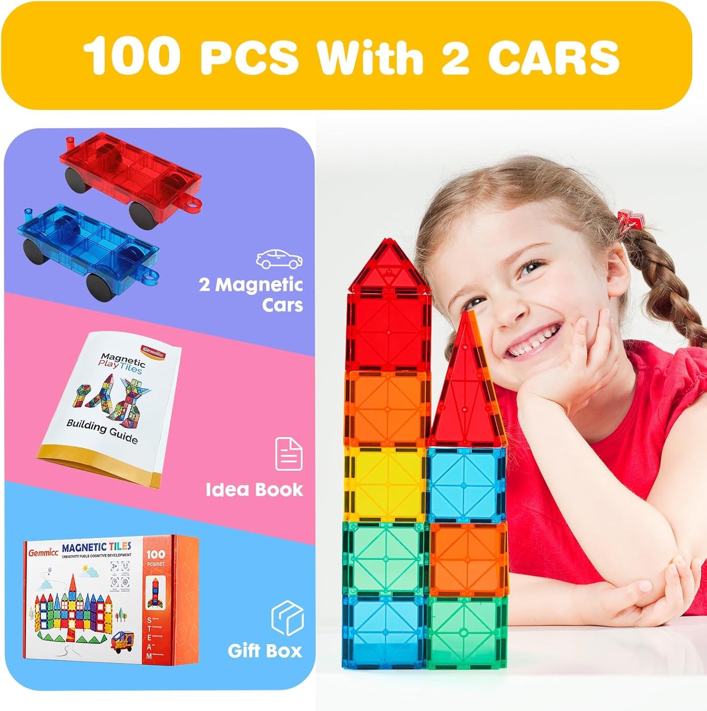 Gemmicc 100 PCS Magnetic Tiles with 2 Cars