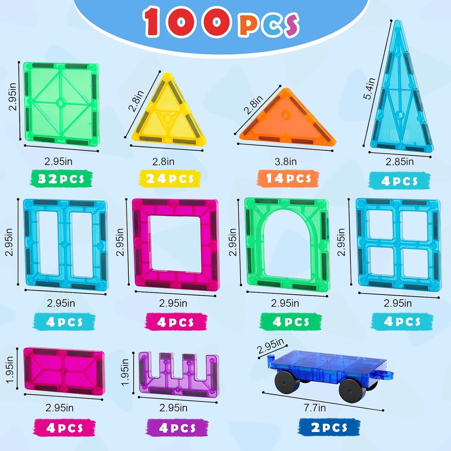 Gemmicc 100 PCS Magnetic Tiles with 2 Cars